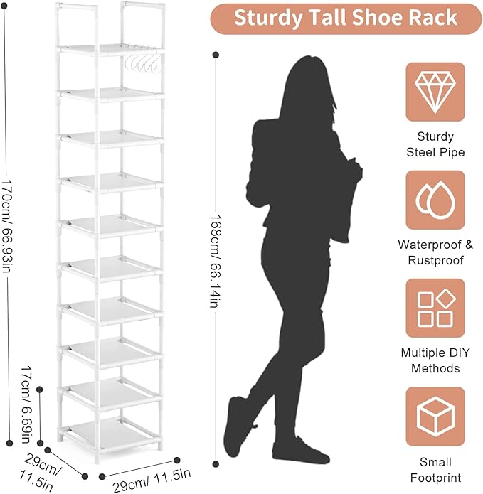 LANTEFUL Tall Narrow Shoe Rack 10-Tier Skinny Shoe Shelf Storage for 10-15 Pairs Shoes and Boots, Space Saving Corner Shoe Ra