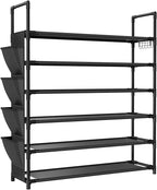 LANTEFUL 6 Tier Shoe Rack, Shoe Organizer Storage for 24-30 Pairs Shoe and Boot, Long Shoe Shelf with Hook and Side Pocket Fr