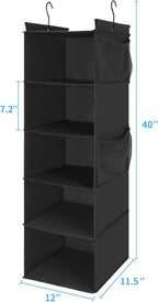 MAX Houser 5-Shelf Hanging Closet Organizer,Space Saver, Cloth Hanging Shelves with 4 Side Pockets,Foldable, Black