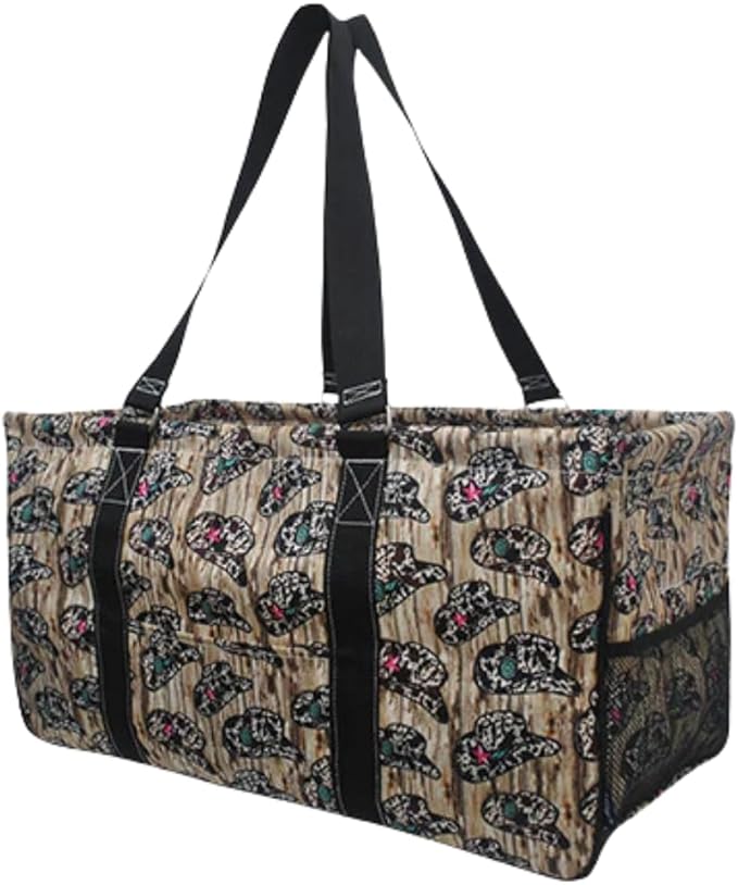 NGIL Extra Large Utility Tote Reusable Grocery Bag Oversized Collapsible for Groceries, Storage, Picnic, Beach (Aztec Cow-Black)