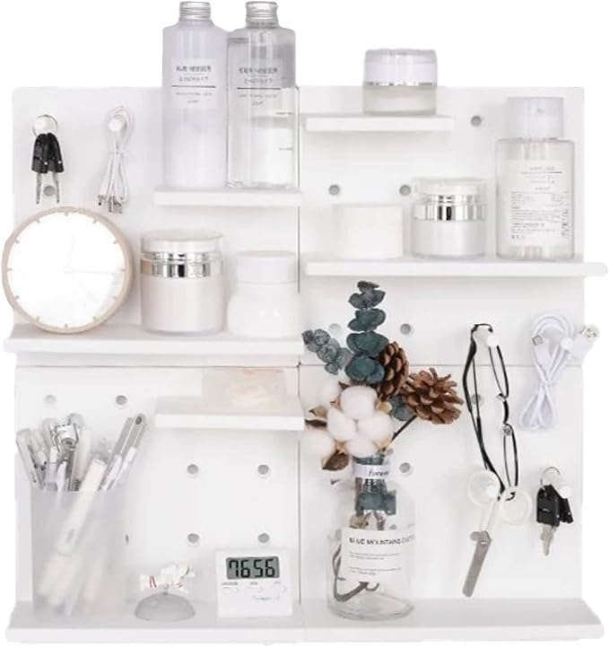 HGYZE Plastic Pegboard Wall Organizer, White, 22 x 22 x 1.5 in, Includes 4 Wall Shelves, 8 Hanging Boards, 24 Hooks