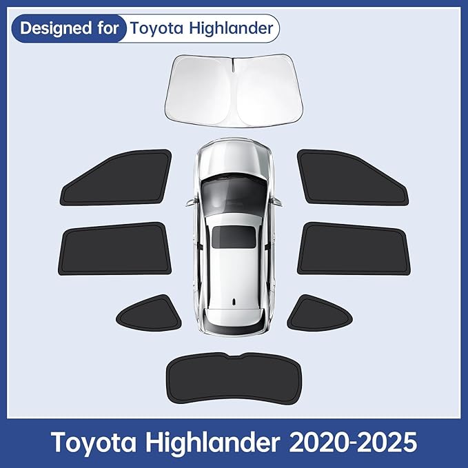 8pcs Car Window Shades for Toyota Highlander 2020-2025, Full Car Window Covers for Privacy, Sunshades for Highlander Front Rear Windshield Side Windows to Block UV and Protect Privacy