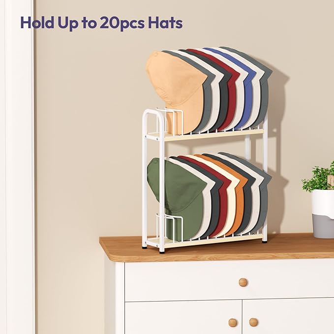 SWTYMIKI Hat Stand for Baseball Caps - 2 Tier Wood & Metal Tabletop Hat Organizer Storage Display Rack, Holds up to 20 Caps f