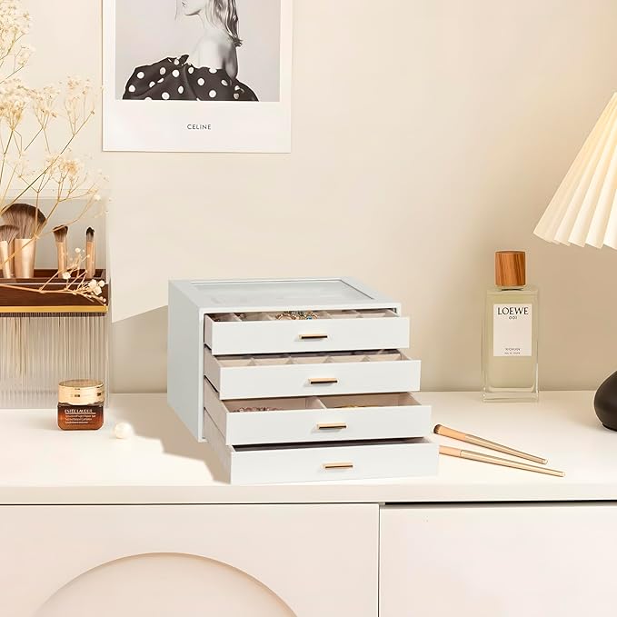 Jewelry Box with Glass Lid, 4-Layer Jewelry Organizer for Women Girls, PU Leather Display Case with 20-Grid Earring Tray & Mo