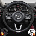 Customized Steering Wheel Cover Compatible with Mazda, Nappa Leather & Carbon Fiber Design Car Steering Wheel Cover, with Coasters and 3-in-1 USB Fast Charging Cable (Black)