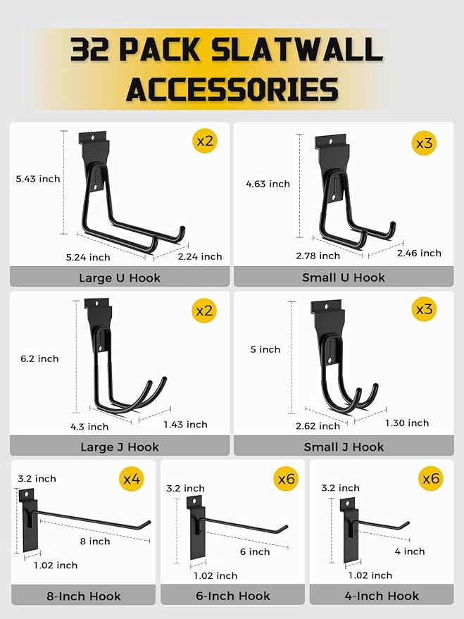 AZUNO 32Pcs Slatwall Accessories Set with 4 Slatwall Baskets & 26 Multi-Sized Slatwall Hooks and 2 Heavy-Duty Storage Straps 