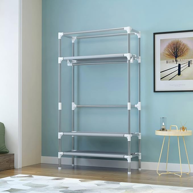 Portable Clothes Closet Rolling Door Wardrobe with Hanging Rack Non-Woven Fabric Storage Organizer with Three Drawer Boxes No
