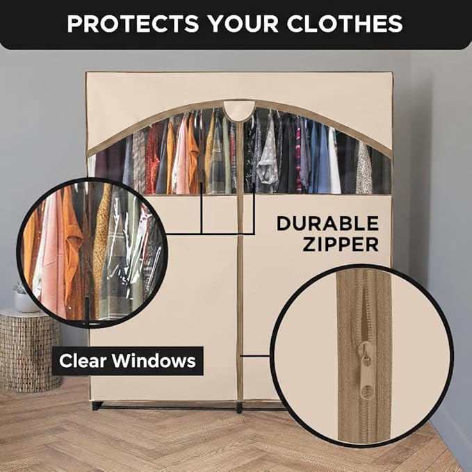 HOLDN’ STORAGE Portable Wardrobe Closet - 65 lb Large Capacity, Internal Heavy Duty Metal Rod, Zipper & Clear Window, Durable