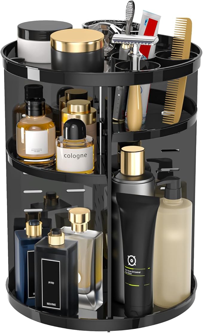 Jiavarry Rotating Makeup Organizer for Vanity, 360 Spinning Skincare Organizers with Adjustable Trays, Make Up Desk Storage C
