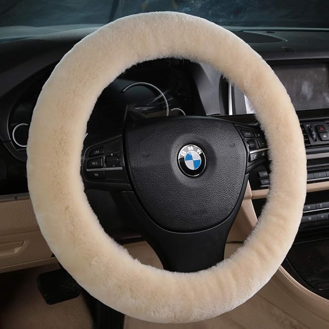 Soft Fluffy Warm Genuine Sheepskin Car Steering Wheel Cover, Fuzzy Fur Wool Protector for Winter Universal Car 14 1/2inch-15 