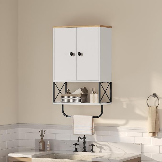 MAHANCRIS Bathroom Wall Cabinet with 2 Door and Adjustable Shelf, Medicine Cabinet with Towel Rack, 3-Tier Wall Mounted Stora