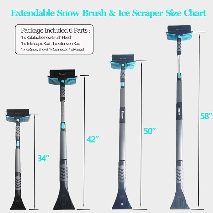 58" Car Snow Brush & Ice Scraper Long Snow Brush for Car Extendable, Upgraded Heavy Duty Pivoting Snow Broom for SUV Trucks Windshield