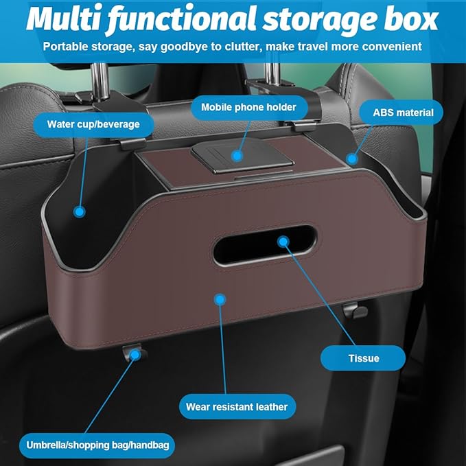 Zipelo Car Headrest Backseat Organizer with Cup Holder, Multi-Functional Vehicle Seat Back Hanging Storage Box with Hooks, Auto Drink Snack Phone Tray Travel Accessories for Kids Adults (Brown)