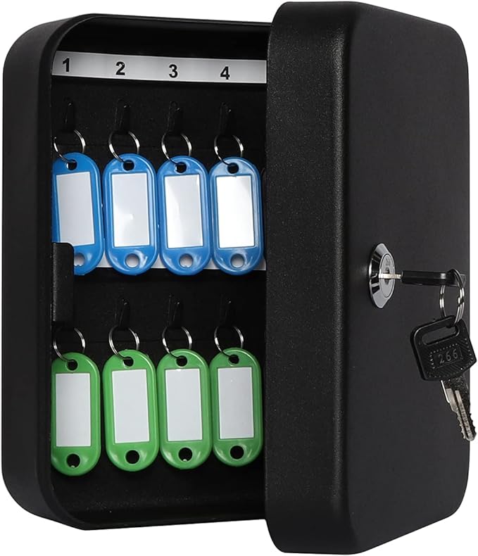 JSSMST Key Lock Box Wall Mount Security Cabinet, 20 Key Hooks & Tags, 7.87 x 6.3 x 2.95 Inches, Black Matt