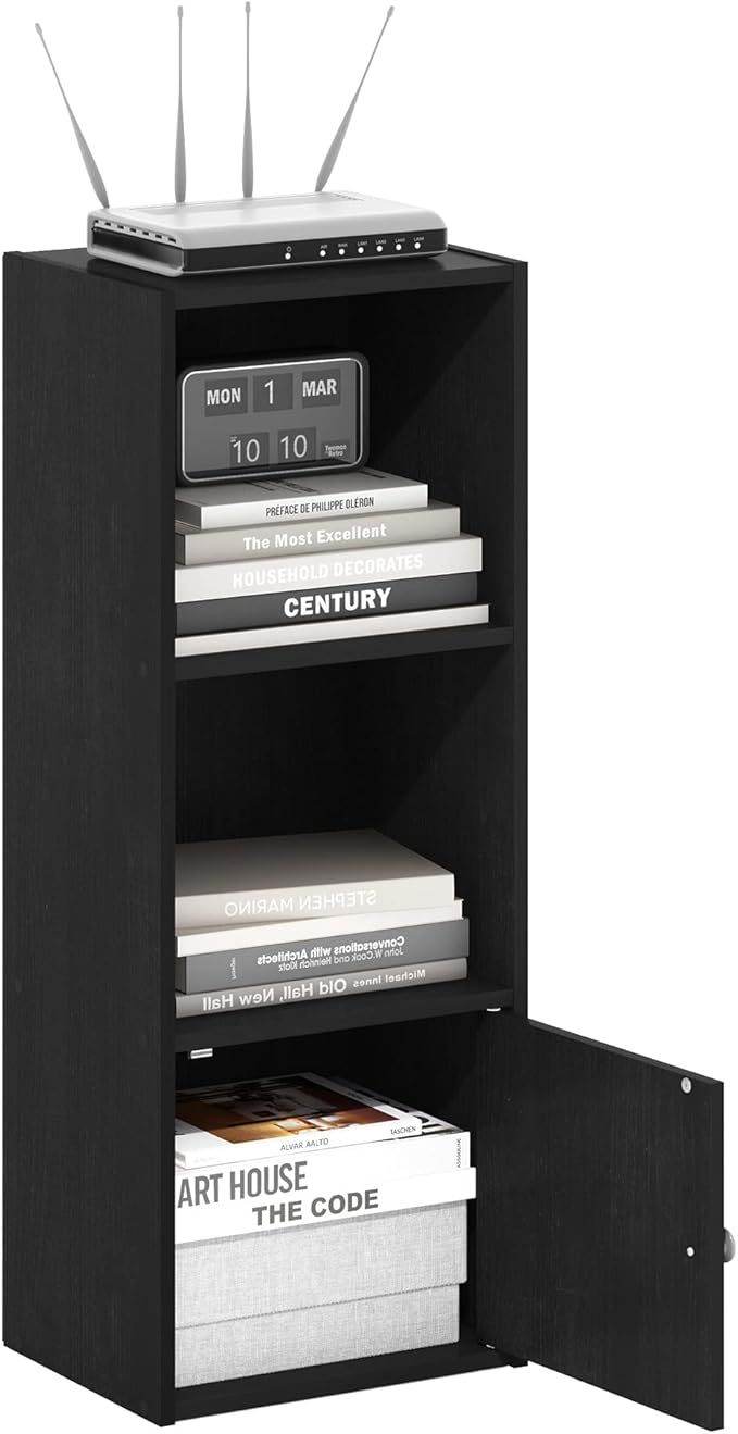 Furinno LUDER Book Shelf, 3-Tier Modern Bookshelf, Bookcase with 1 Door Storage Cabinet, 9.3 x 12 x 31.5, for Organization an