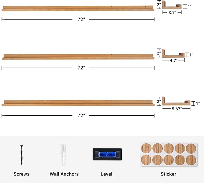 Axeman 72 Inch Floating Shelves | Oak Picture Ledge Shelf Set of 3 | Rustic Wood Wall Shelves with Lip | 72" Oak Picture Shel