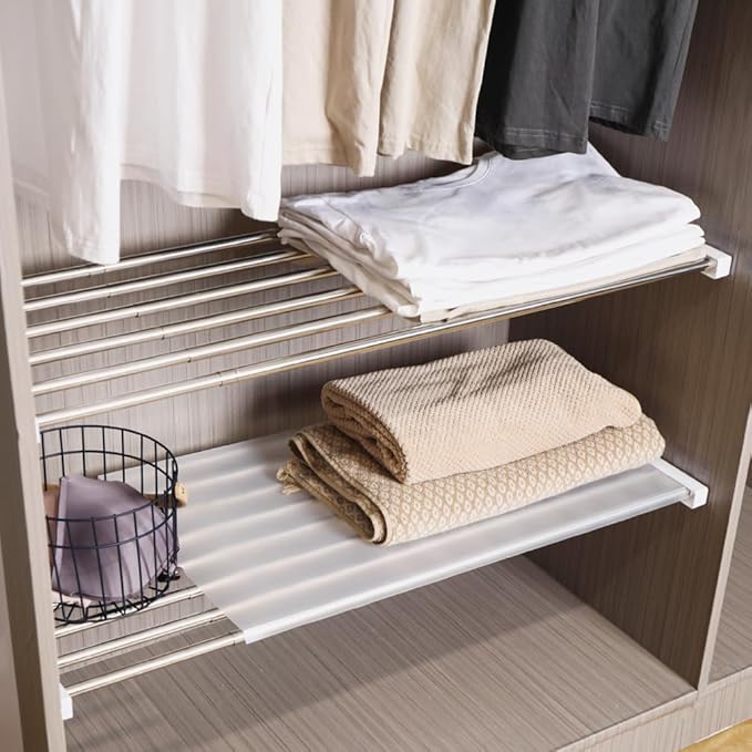 Hershii Extendable Closet Shelf Wardrobe Rail Metal Hanging Rod Storage Rack Expanding Clothes Divider Separator Organizer fo