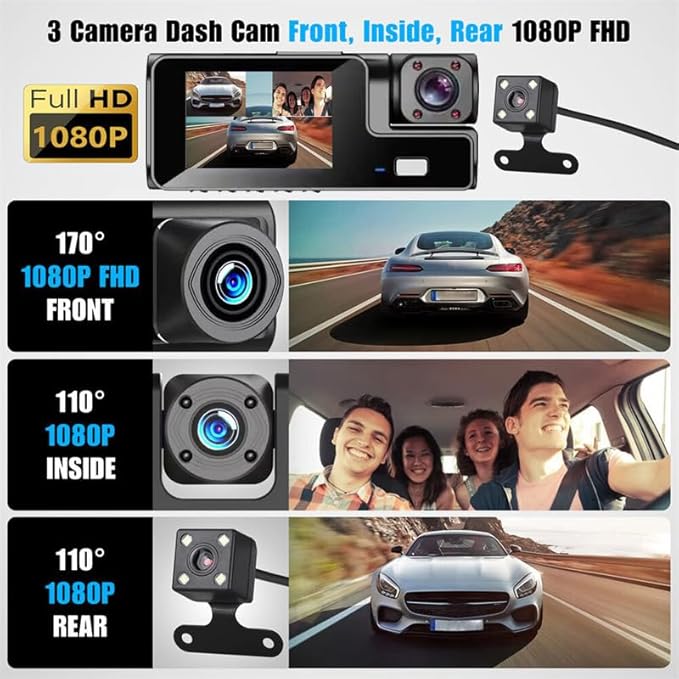WiFi 1080P 3 Channel Dash Camera for Car Front and Inside Dashcam Car Security Video Recorder,170°Wide Angle Vehicle Cam,WDR,