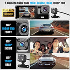 WiFi 1080P 3 Channel Dash Camera for Car Front and Inside Dashcam Car Security Video Recorder,170°Wide Angle Vehicle Cam,WDR,