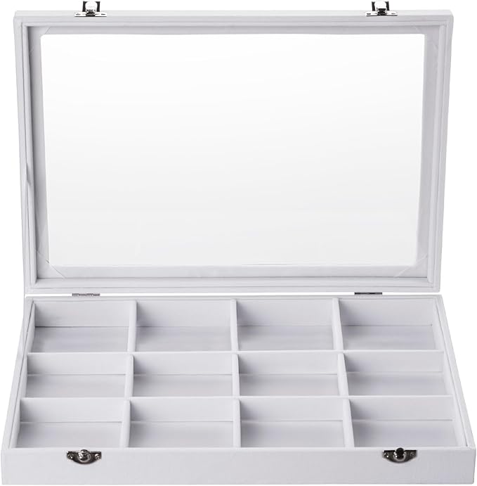 Frebeauty Velvet Jewelry Tray,12 Grid Jewelry Organizer with Clear Lid,Bracelets Holder,Jewelry Display Case with Clasp,Drawe
