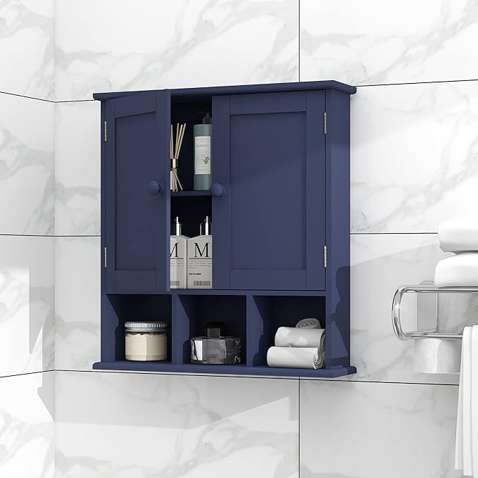 TaoHFE Blue Bathroom Over The Toilet Storage Cabinet,Wall Medicine Cabinet Organizer with 2 Door Adjustable Shelves,Wooden Mo