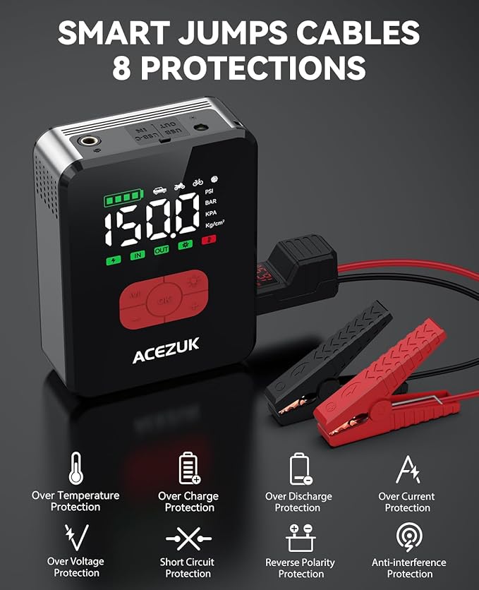 Jump Starter with Air Compressor, 8000A 150PSI Portable Car Jump Starter, 12V Jump Start Pack (All Gas/12L Diesel),Portable