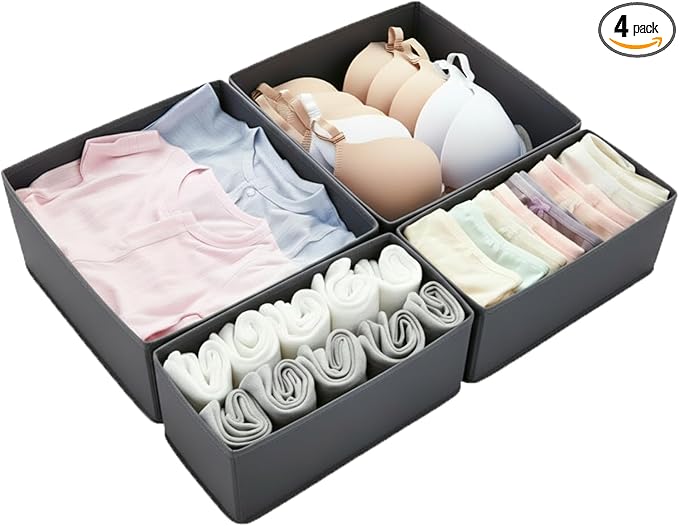 Drawer Organizer for Clothes & Underwear - 4-Pack Fabric Storage Bins with Zipper Bottom | Bra Drawer Organizer & Sock Organi