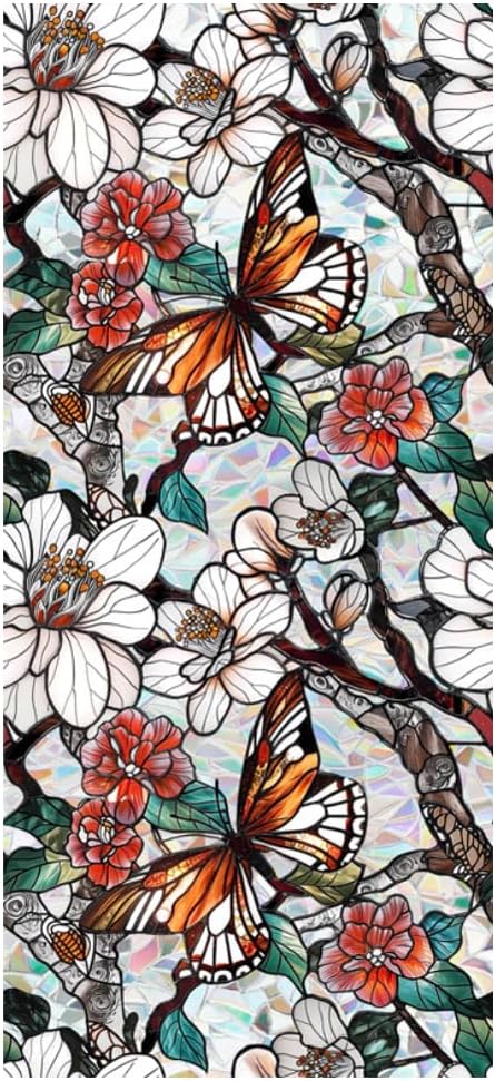 Retro Flower Window Privacy Film,Stained Glass Decals Floral Butterfly Privacy Rainbow Decals Living Room Sun Blocking Decor Removable Static Cling Stickers,16.93x39.37inch