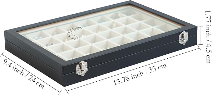 Stratalife Jewelry Organizer 40 Grid Beige Black Jewelry Tray with Clear Dust-proof Lid Velvet Earring Organizer Necklace Rin