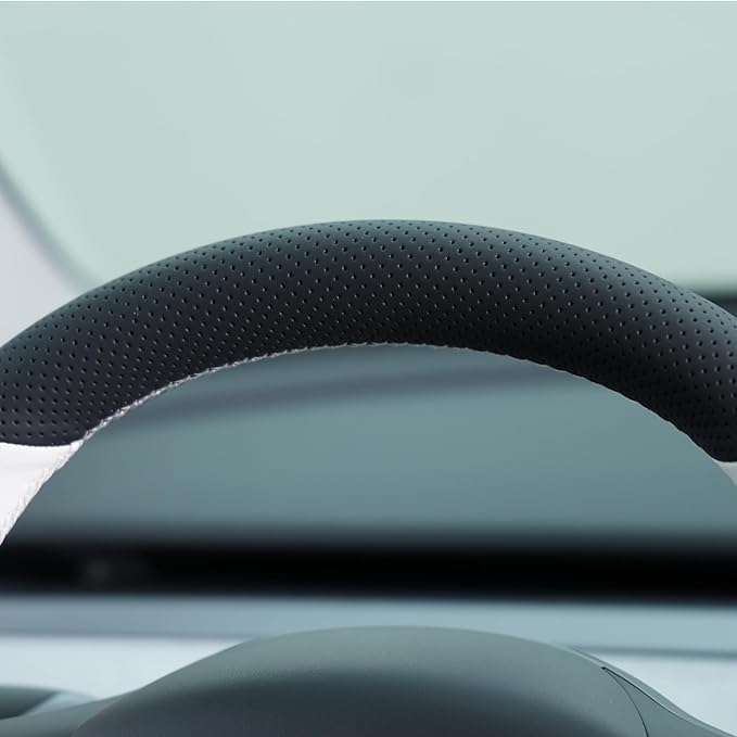 MEWANT Hand Stitched White Leather Tesla Model 3 Steering Wheel Cover for Tesla Model 3 2017-2023 / Model Y 2020-2023 for Tesla Model 3/Y Accessories