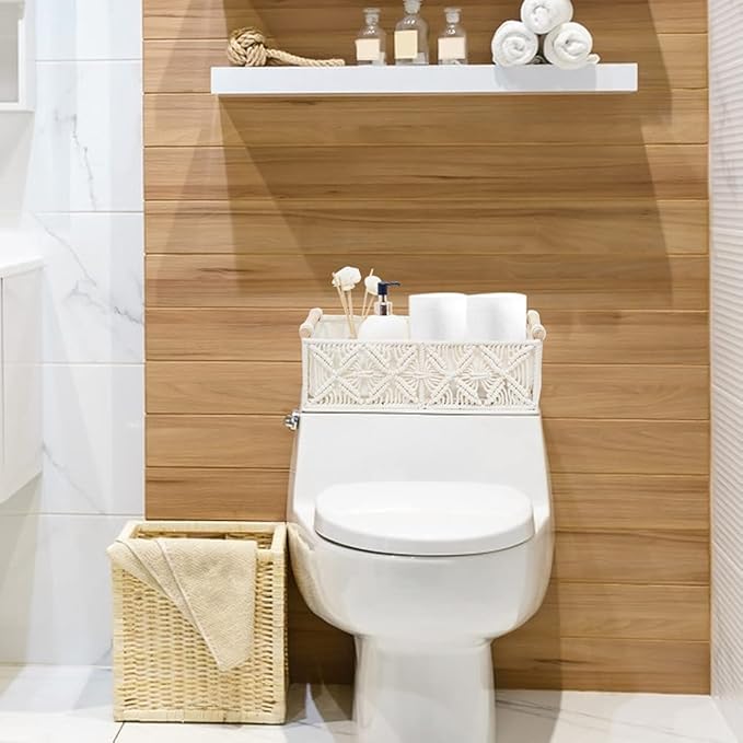 HOSROOME Macrame Storage Basket Boho Decor Baskets for Organizing Woven Decorative for Countertop Toilet Paper Basket for Tan