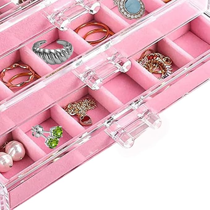 YUFONG Earring Organizer Box Acrylic Jewelry Organizer with 3 Drawers 54 Adjustable Grids Clear Stackable Earring Holder Velv