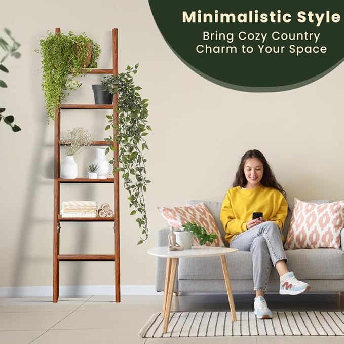 Decorative Wooden Blanket Ladder for the Living Room and Bedroom, 5ft 8 inch, Pine Wood Quilt Ladder, 6-Tier Wall Leaning Bla