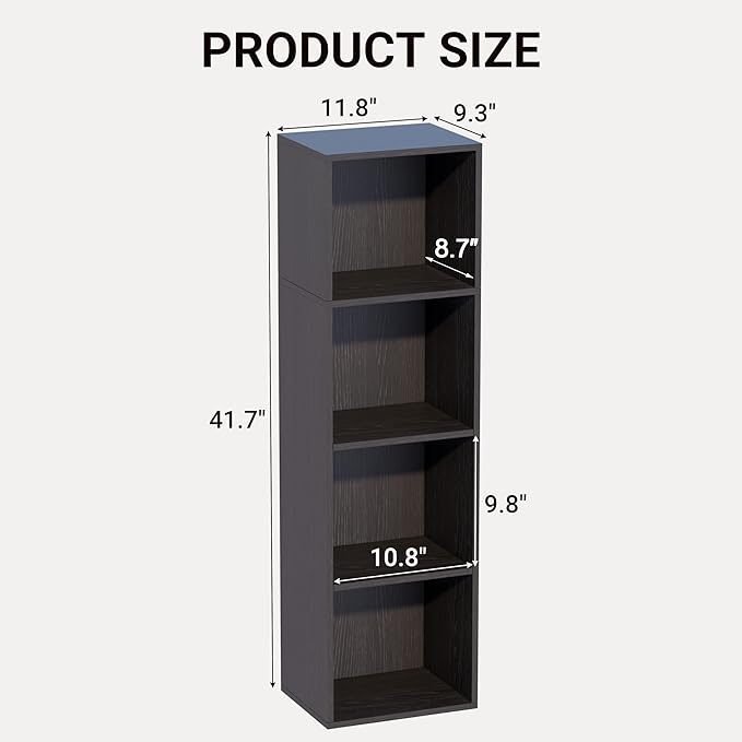 Book Shelf, 4-Tier Bookcase, Wooden Open Cube Storage Organize, 9.3 x 11.8 x 41.7 inches Bookshelf for Living Room, Bedroom, 
