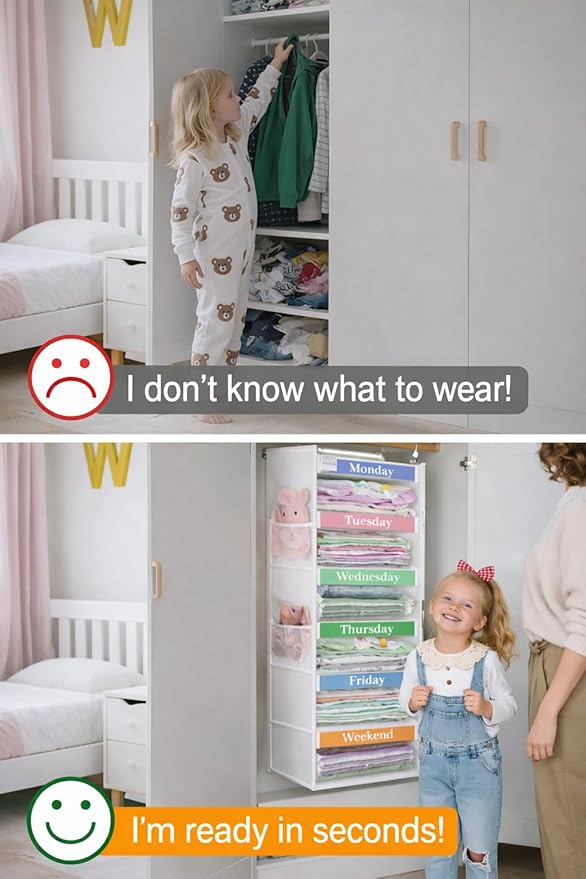 punemi Weekly Clothes Organizer for Kids, 6-Shelf Hanging Closet Storage with Side Pockets, Days of The Week Design, 11.8" x 