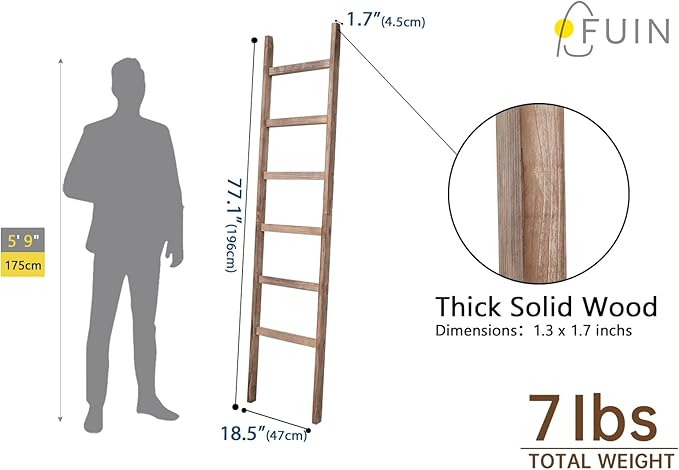 FUIN 6.4ft Extra Wide Wooden Blanket Ladder Living Room Decorative Wal Leaning Farmhouse Quilt Display Holder Rustic Wood Tow