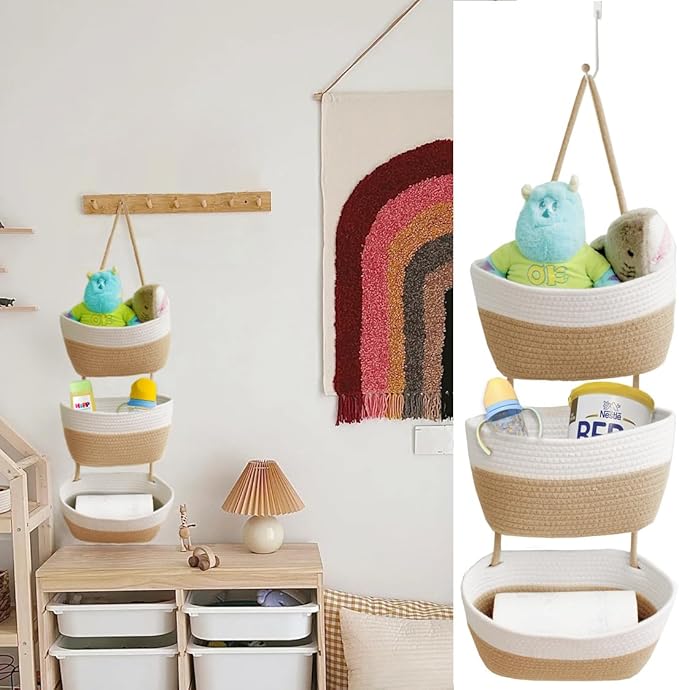Over the Door Hanging Basket for Organizing 3 Tiers Woven Cotton Rope Wall Mount Storage basket Decorative Kitchen Hanging Or