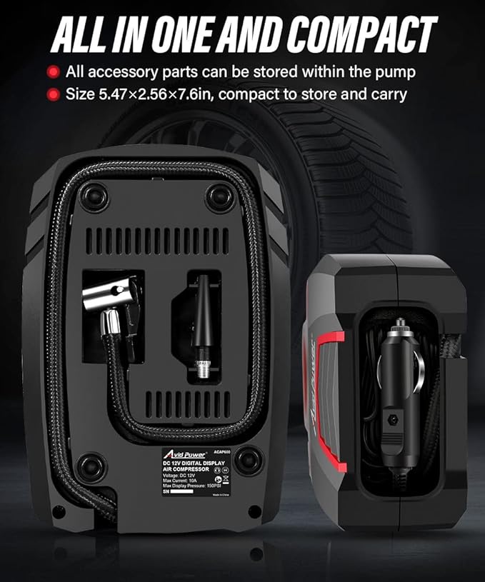 Avid Power 12V DC Air Compressor w/Digital Pressure Gauge, Car Tire Pump w/LED Light, Auto Shut-Off Tire Inflator for Car, Bicycles, Balls and Other Inflatables