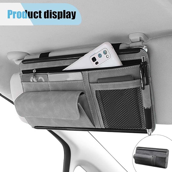 Suede Car Sun Visor Organizer with Multi-Pocket Net Zipper, Glasses Case, Sunglass Holder (Grey)