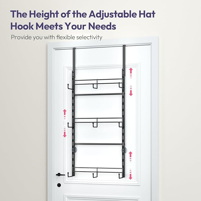 SWTYMIKI Over Door Hat Organizer - 3 Tier Metal Adjustable Wall Mounted Hat Rack with 9 Hooks Design, Hanging Baseball Cap Or