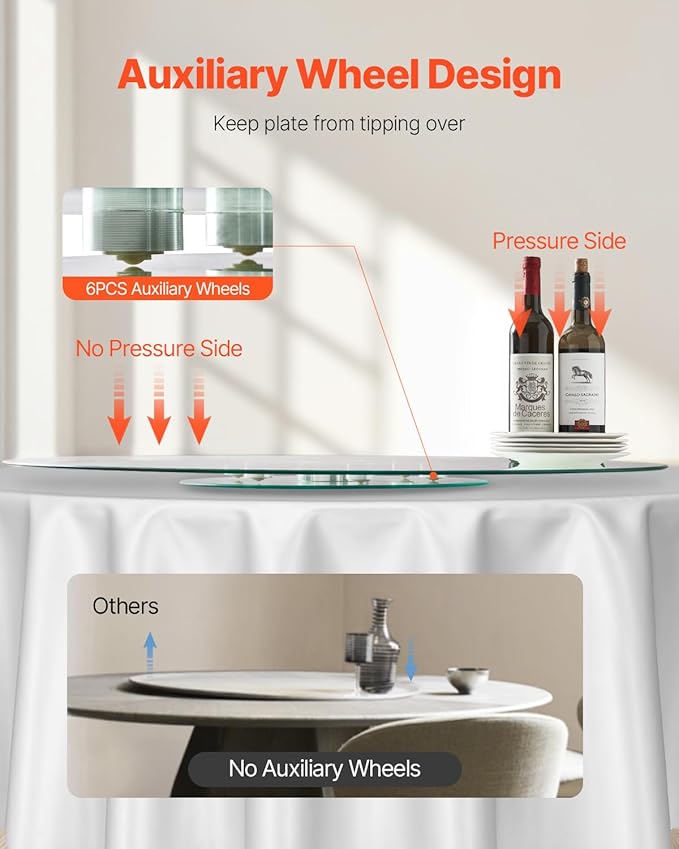 VEVOR 40 in Glass Lazy Susan Turntable, Tempered Glass Dining Table Centerpiece with 6 Rotating Wheels, 360° Smooth and Silen