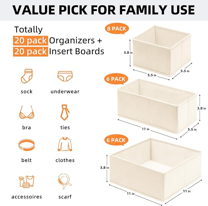 【FAMILY PACK】Drawer Organizer Clothes, 20 Pack Dresser Organizer Bins for Baby Clothes - Underwear Bra Sock Organizer - Fabri