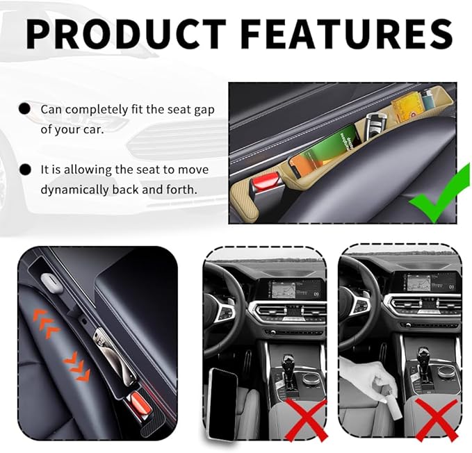 2PCS New Car Seat Gap Filler with 2 Storage Areas,Stylish Car Seat Gap Storage for Stabilizing Phone,Keys Wallet,Universal Car Seat Gap Filler Organizer (Carbon Beige)