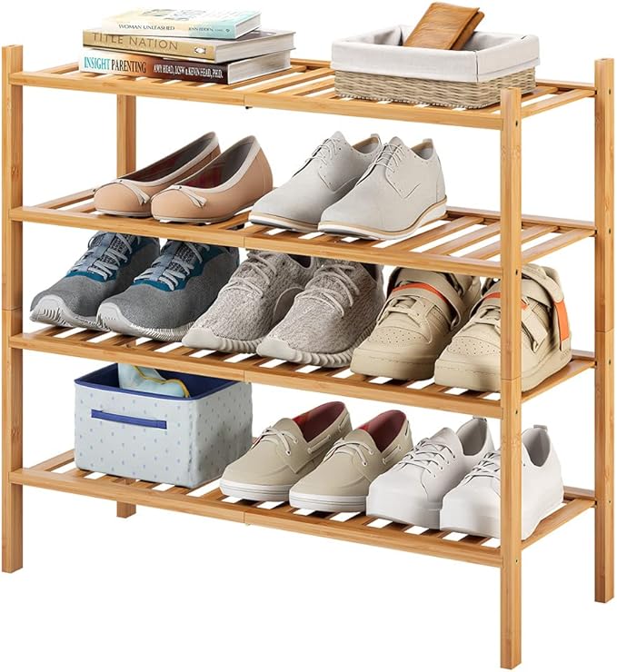 4-Tier Bamboo Shoe Rack for Entryway, Stackable | Heavy Duty | Multi-Function, Free Standing Shoe Racks for Bedroom Hallway C