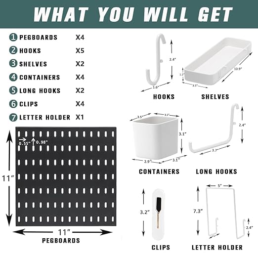 Pegboard Combination Kit for Wall Organizer, Wall Mounted Peg Board Kits for Kitchen, Bedroom, Office, &Bathroom, 4 Pieces Bl