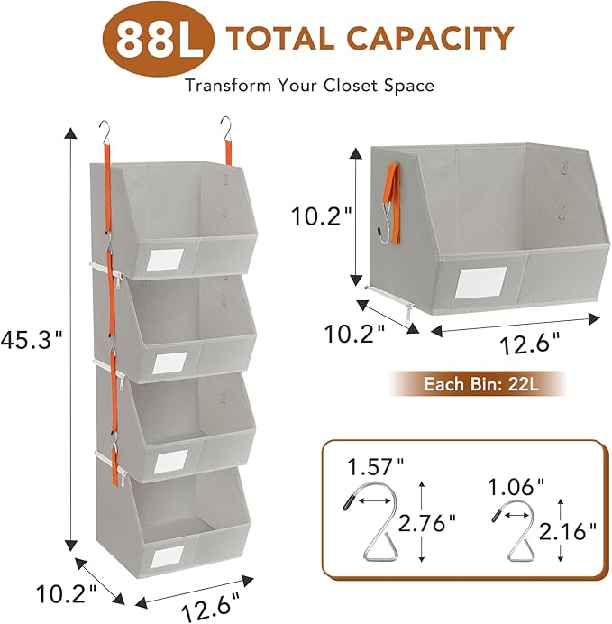 4 Pcs Modular Closet Organizer - Detachable & Foldable Hanging Storage Cubes, 88L Total Capacity, Heavy Duty Fabric Shelves f