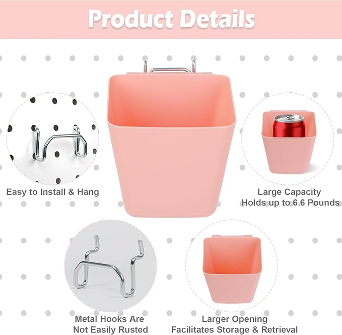 8 Pack Large Pegboard Bins with Hooks, Square Box Shape Peg Board Cups and Peg Board Accessories for Craft Room, Playroom, Of