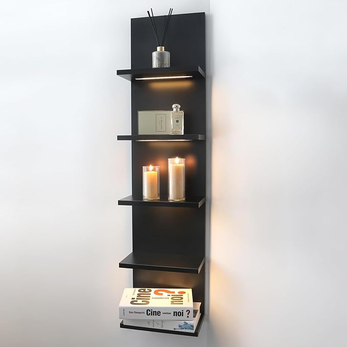 5 Tier Wall Shelf Unit, Black Shelves,Lack Shelf, Wall Shelves for Bedroom，Office,Bathroom, Vanity Shelves with LED Remote Co