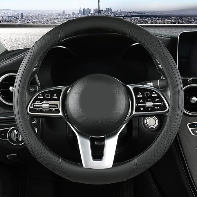 Car Steering Wheel Cover, Leather Steering Wheel Cover Black Universal 14.5-15 Inch Microfiber Leather Anti-Slip Breathable A