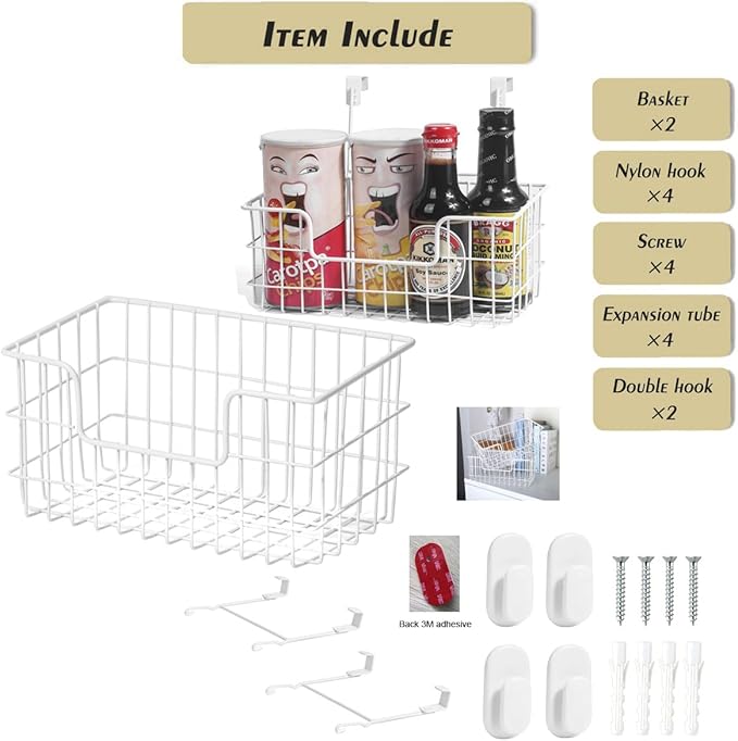 JUNCHU CHERRY Wire Storage Basket 2 Packs, Wall Mounted Kitchen Bathroom, Hanging Cabinet Door Storage Basket, no Drilling, S